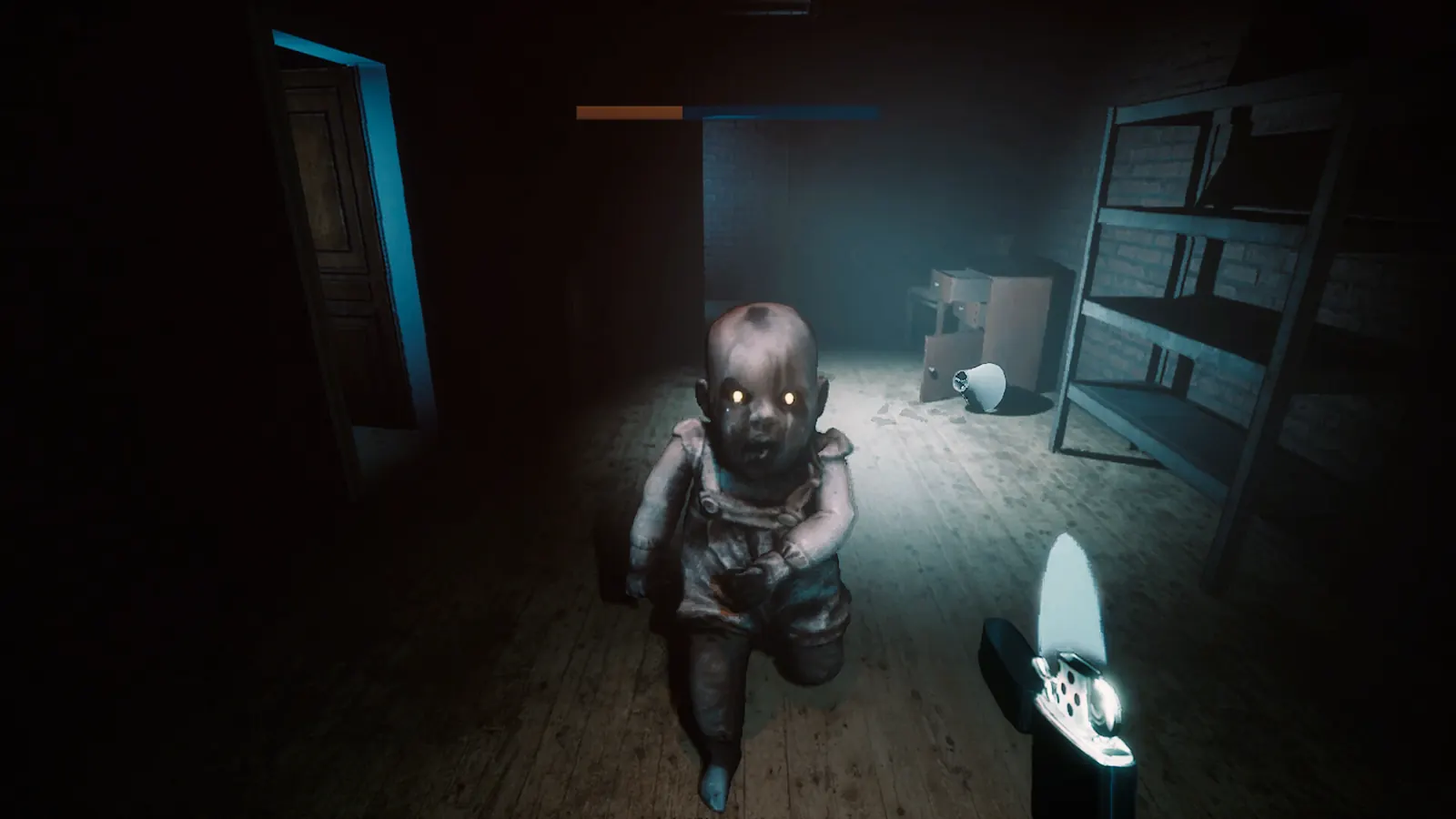 Atmospheric first-person exploration scene with locked doors and shadows